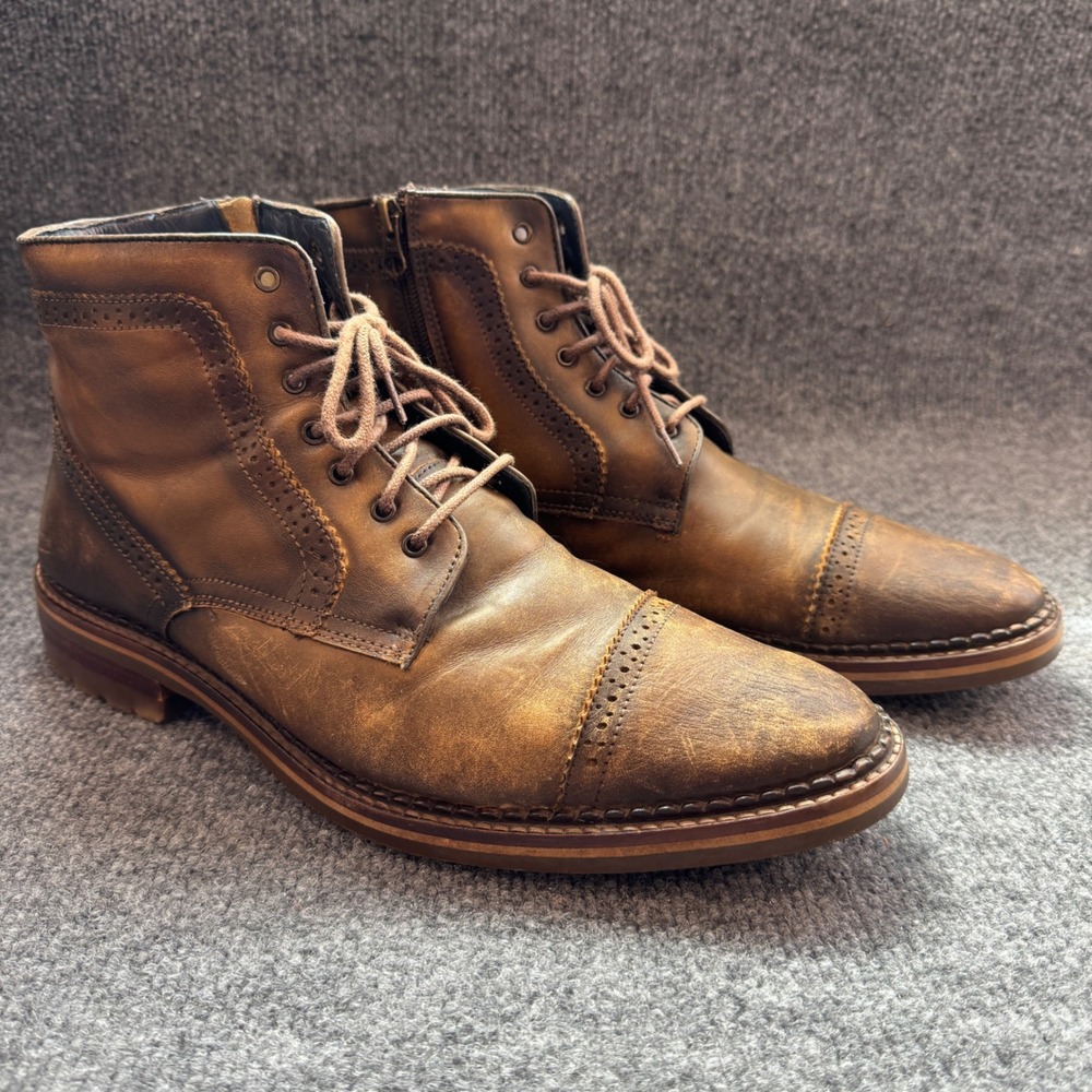 Johnston & Murphy Mens 11.5 M Brown Distressed Leather Wingtip Cap Toe Boots Zip